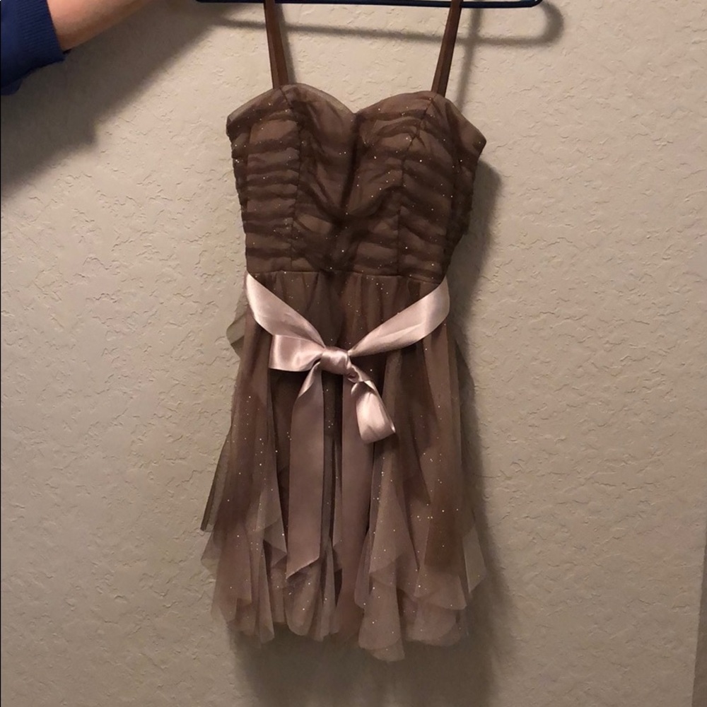Brown defused to tan mini dress worn for hoco